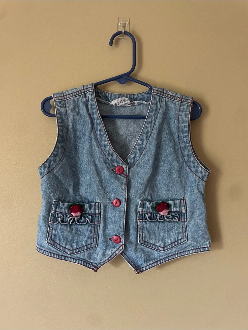Vintage Light Wash Denim Vest with Pink Topstitching and floral accent